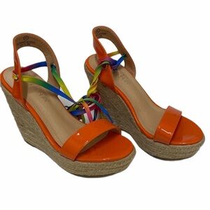 Liliana Orange Wedge Espadrille with Multicolor Straps Size 5.5
